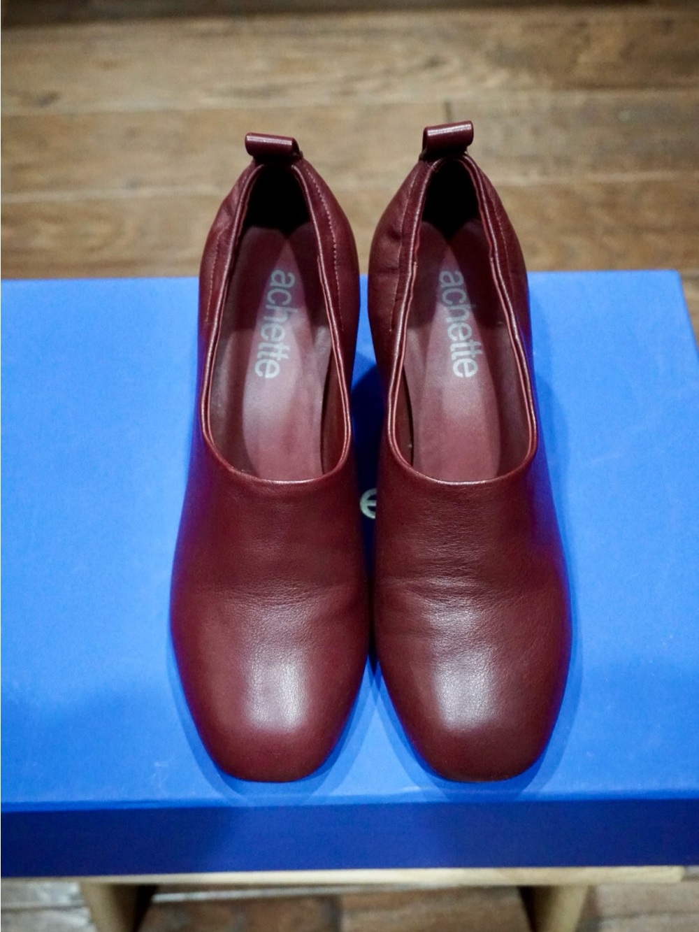 Elegant Burgundy Genuine Leather Square Toe Block Heel Pumps US 4 but Fit US 5